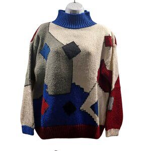Eddie Dassin VTG Patchwork Chunky Ribbed Knit Sweater Preppy Retro Womens Sz L